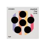 A product image for AYANEO Joystick Cap on a light grey background The center features a circular design with six black circular cutouts arranged like the pips on a domino over a background of vertical stripes in purple orange and pink The top left corner displays AYANEO in black text and the top right corner has Joystick Cap in English and 摇杆帽 in Chinese both in black text A small stylized M logo is present in the bottom left corner