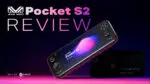 A dynamic thumbnail image for a video review of the AYANEO Pocket S2 The background is a gradient from dark purple to pink A black AYANEO Pocket S2 handheld gaming console is angled in the center with its screen displaying the logo AYANEO Pocket S2 and a colorful abstract design In the background a second blurred out black console and a box are visible Large white text in the upper left reads Pocket S2 REVIEW with the AYANEO logo above it The bottom left corner has BUY AT followed by the white and green DROIX logo The bottom right corner contains an asterisk and the text the better option in a small white font
