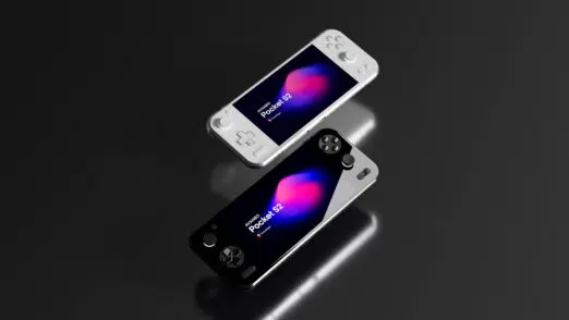 A dynamic overhead shot featuring two AYANEO Pocket S2 handheld gaming consoles, one in white and one in black, diagonally positioned against a dark, reflective surface. Both screens display the "AYANEO Pocket S2" logo with vibrant pink and blue abstract graphics. The white console is in the upper left, while the black console is in the lower right, creating a sense of depth and contrast.