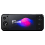 A front facing shot of the AYANEO Pocket S2 handheld gaming console in obsidian black isolated against a light grey background The screen clearly shows AYANEO Pocket S2 and Powered by Snapdragon against a dark background with vibrant pink and blue abstract shapes All control buttons including the D pad analog sticks and face buttons are visible