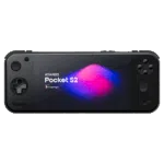 A front facing shot of the AYANEO Pocket S2 handheld gaming console in obsidian black isolated against a light grey background The screen clearly shows AYANEO Pocket S2 and Powered by Snapdragon against a dark background with vibrant pink and blue abstract shapes All control buttons including the D pad analog sticks and face buttons are visible