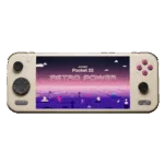 AYANEO-S2-RETRO_POWER-LISTING-IMAGE-DONE-0 (1) The AYANEO Pocket S2 handheld gaming console in a retro beige and olive green color scheme is centered on a dark, grid-patterned surface, against a soft purple and pink gradient sky with pixel art clouds and fish. The screen prominently displays "AYANEO Pocket S2 Pro" and "RETRO POWER" within a pixel art landscape. All control buttons, including the black D-pad, analog sticks, and magenta A, B, X, Y face buttons, are clearly visible.