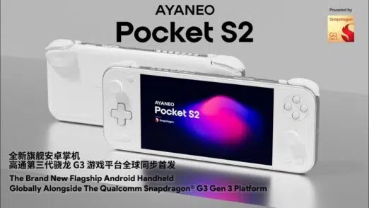 maxresdefault AYANEO POCKET S2 A product announcement image for the AYANEO Pocket S2. Two white AYANEO Pocket S2 handheld gaming consoles are displayed against a clean, two-toned grey background. The console in the foreground is angled to show its screen, which displays "AYANEO Pocket S2" and a colorful abstract design. The second console is positioned behind it, lying flat on its back. The top of the image features "AYANEO Pocket S2" in large black text, and on the right, a "Powered by Snapdragon" logo with "G3 Gen 3" underneath. Below the consoles, there are Chinese and English promotional texts: "全新旗舰安卓掌机" and "The Brand New Flagship Android Handheld" followed by "高通第三代骁龙 G3 游戏平台全球同步首发" and "Globally Alongside The Qualcomm Snapdragon® G3 Gen 3 Platform".