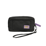 A rectangular black carrying case designed for a handheld gaming device is shown against a plain grey background The case is made of a durable textured fabric and features a small front pocket A purple tag with AYANEO written on it is attached to the zipper A black wrist strap is connected to the case via a small metal carabiner