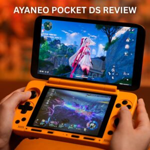 A close-up image for a video review of the AYANEO POCKET DS handheld gaming console. The device, which has a bright orange clamshell design, is held open in two hands. The top screen displays a third-person view of a female anime character in a bright fantasy world, while the smaller, bottom touchscreen displays a darker action scene with glowing effects. Large white text overlaid on the image reads "AYANEO POCKET DS REVIEW." The background is a blurred orange and brown surface.