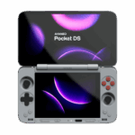 AYANEO Pocket DS dual screen Android gaming handheld in a clamshell design showing the top and bottom screens