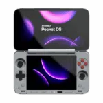 AYANEO Pocket DS dual screen Android gaming handheld in a clamshell design showing the top and bottom screens