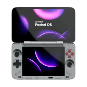 AYANEO Pocket DS dual-screen Android gaming handheld in a clamshell design, showing the top and bottom screens.