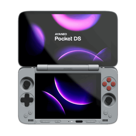 AYANEO Pocket DS dual screen Android gaming handheld in a clamshell design showing the top and bottom screens