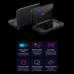 The top half of the image displays two black AYANEO Pocket DS units on a dark background One is angled to show its closed profile from the back while the other is open displaying a game on the top screen and a performance dashboard on the bottom screen The bottom half features a grid of six icons each detailing a specific software feature Power Saving Mode Described as offering Outstanding efficiency for long lasting play Balanced Mode For an Optimal balance of performance and battery life Game Mode To Play mainstream mobile and high performance retro games smoothly Full Power Mode Offering Max performance for high frame rate gaming Streaming Mode For an Ultra low latency streaming experience Customizable Key Allowing you to Tap to switch performance levels easily In essence the image showcases how users can easily control the devices performance to suit any task from conserving battery to unleashing the full power of its hardware