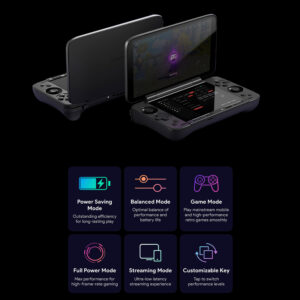 The top half of the image displays two black AYANEO Pocket DS units on a dark background. One is angled to show its closed profile from the back, while the other is open, displaying a game on the top screen and a performance dashboard on the bottom screen. The bottom half features a grid of six icons, each detailing a specific software feature: Power Saving Mode: Described as offering "Outstanding efficiency for long-lasting play." Balanced Mode: For an "Optimal balance of performance and battery life." Game Mode: To "Play mainstream mobile and high-performance retro games smoothly." Full Power Mode: Offering "Max performance for high-frame-rate gaming." Streaming Mode: For an "Ultra-low latency streaming experience." Customizable Key: Allowing you to "Tap to switch performance levels" easily. In essence, the image showcases how users can easily control the device's performance to suit any task, from conserving battery to unleashing the full power of its hardware.