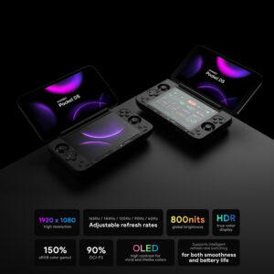 A marketing image showing two AYANEO Pocket DS dual-screen handhelds, one open and one closed, with an infographic below detailing its high-performance OLED display specifications like 1080p resolution, adjustable 165Hz refresh rate, 800 nits brightness, and HDR capabilities.