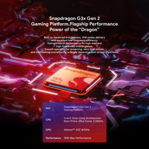 An infographic detailing the flagship performance and specifications of the Snapdragon G3x Gen 2 Gaming Platform, the processor for the AYANEO Pocket DS. It lists the 4nm process, octa-core Kryo CPU, Adreno A32 GPU, and 15W max performance.