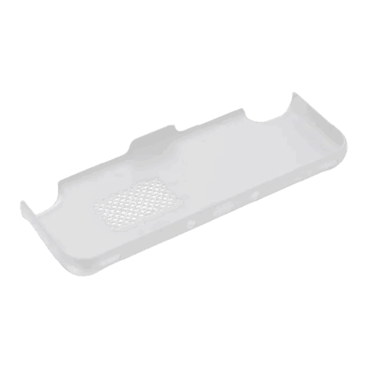 A three quarter rear view of a white protective case for the AYANEO Pocket S2 handheld gaming console isolated against a white background The case has a cutout for the display and controls a perforated section for ventilation and openings for ports along the bottom edge