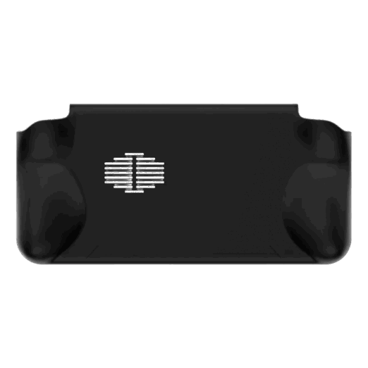 A side view of a single black ergonomic grip accessory for the AYANEO Pocket ACE against a solid grey background The grip features a curved design meant to fit a hand and a slot at the top for attaching to the device