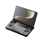 An angled open view of a light grey AYN Thor handheld gaming console with a clamshell design against a dark featureless background The top screen is open displaying a soft golden abstract image The bottom half of the device shows the controls including a black D pad black analog sticks and face buttons in red blue green and yellow resembling the classic black controller aesthetic Both the top and bottom screens are reflective mirroring the golden light