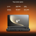 A promotional image for the AYN Thor handheld gaming console highlighting the top screens specifications The background is a gradient of orange and brown The top of the image has the title Top screen specs and six white text boxes detailing the features 6 inch Size 10801920 Resolution 120Hz Refresh Rate 650 Nits Peak Brightness 1000001 Contrast Ratio and 152 sRGB Color Gamut Below this is a frontal view of the open AYN Thor with its top screen angled towards the viewer prominently displaying a large 6 on a stylized background