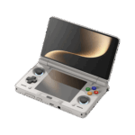 An angled open view of a light grey AYN Thor handheld gaming console with a clamshell design against a dark featureless background The top screen is open displaying a soft golden abstract image The bottom half of the device shows the controls including a black D pad black analog sticks and face buttons in red blue green and yellow resembling the classic rainbow controller aesthetic Both the top and bottom screens are reflective mirroring the golden light
