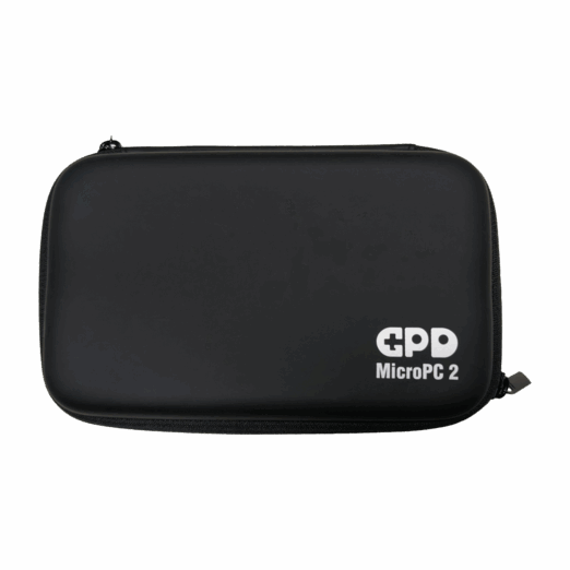 A front facing shot of a closed black hard shell case for the GPD MicroPC 2 against a grey background The case is rectangular with rounded corners and features a white GPD MicroPC 2 logo in the bottom right corner The case is zipped shut