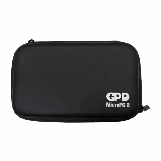 A front facing shot of a closed black hard shell case for the GPD MicroPC 2 against a grey background The case is rectangular with rounded corners and features a white GPD MicroPC 2 logo in the bottom right corner The case is zipped shut