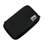 An angled shot of a closed black hard shell case for the GPD MicroPC 2 isolated against a white background The top of the case is smooth and features a white GPD MicroPC 2 logo in the bottom right corner The case is zipped shut