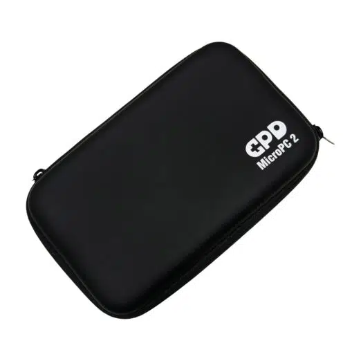 An angled shot of a closed, black hard shell case for the GPD MicroPC 2, isolated against a white background. The top of the case is smooth and features a white "GPD MicroPC 2" logo in the bottom right corner. The case is zipped shut.