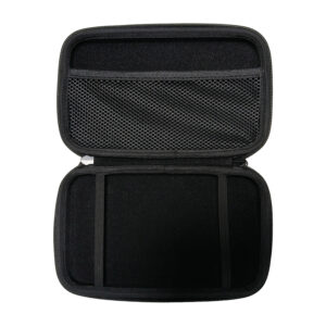 A top-down shot of the black hard shell case for the GPD MicroPC 2, opened to reveal its interior. The top half of the case has a mesh pocket, while the bottom half is empty with two elastic straps meant to hold the device.