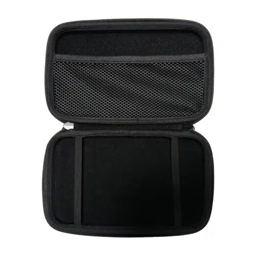 A top-down shot of the black hard shell case for the GPD MicroPC 2, opened to reveal its interior. The top half of the case has a mesh pocket, while the bottom half is empty with two elastic straps meant to hold the device.