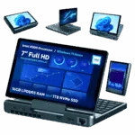 An infographic showcasing the versatile display modes of the GPD MicroPC 2, set against a solid dark green background. A central image shows the device open in laptop mode, with its screen displaying a data-heavy, blue-themed dashboard. Key specifications are highlighted on the screen: Intel N300 Processor, Windows 11 Home, 7" Full HD Touchscreen Display, 16GB LPDDR5 RAM, and 1TB NVMe SSD. Around the central device, smaller views demonstrate the device in different orientations, including a tent mode, a tablet mode, and a folded mode, illustrating its 2-in-1 functionality. The Intel logo is also present on the screen.