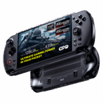 A dynamic shot of two black GPD WIN 5 handheld gaming consoles on a black background The top device is angled to show its screen which displays a first person shooter game and features prominent overlays 7 screen AMD Ryzen AI Max AMD Radeon 8060S graphics 64GB RAM and 4TB NVMe SSD The bottom device is flipped over showing its ergonomic grips and ventilation grilles