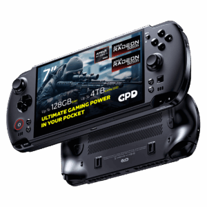 A dynamic shot of two black GPD WIN 5 handheld gaming consoles on a black background. The top device is angled to show its screen, which displays a first-person shooter game and features prominent overlays: 7" screen, AMD Ryzen AI Max, AMD Radeon 8060S graphics, 64GB RAM, and 4TB NVMe SSD. The bottom device is flipped over, showing its ergonomic grips and ventilation grilles.