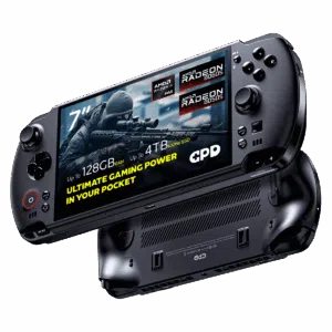 A dynamic shot of two black GPD WIN 5 handheld gaming consoles on a black background The top device is angled to show its screen which displays a first person shooter game and features prominent overlays 7 screen AMD Ryzen AI Max AMD Radeon 8060S graphics 64GB RAM and 4TB NVMe SSD The bottom device is flipped over showing its ergonomic grips and ventilation grilles