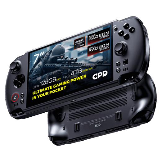 A dynamic shot of two black GPD WIN 5 handheld gaming consoles on a black background The top device is angled to show its screen which displays a first person shooter game and features prominent overlays 7 screen AMD Ryzen AI Max AMD Radeon 8060S graphics 64GB RAM and 4TB NVMe SSD The bottom device is flipped over showing its ergonomic grips and ventilation grilles