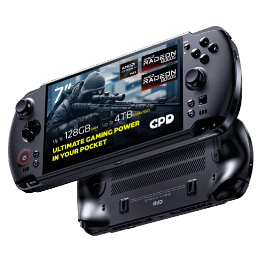 A dynamic shot of two black GPD WIN 5 handheld gaming consoles on a black background The top device is angled to show its screen which displays a first person shooter game and features prominent overlays 7 screen AMD Ryzen AI Max AMD Radeon 8060S graphics 64GB RAM and 4TB NVMe SSD The bottom device is flipped over showing its ergonomic grips and ventilation grilles