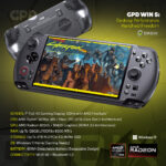 A dynamic infographic showcasing the black GPD WIN 5 handheld gaming console The device is angled with its screen displaying the title screen for the game Cyberpunk 2077 Gangs of Night City   The Board Game The back of another GPD WIN 5 is visible in the background The title reads GPD WIN 5 Desktop Performance Handheld Freedom Below the console a detailed list of maximum specifications is provided 7 Full HD Gaming Display AMD Ryzen™ AI Max 385  Max+ 395 CPU Up To 128GB LPDDR5x RAM Up To 4TB M2 PCIe 40 NVMe SSD and an 80Wh Detachable Battery The Windows 11 logo and AMD Ryzen AI Max and AMD Radeon 8050S logos are also displayed