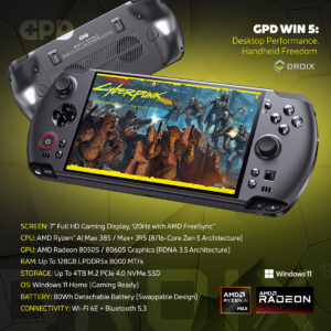 A dynamic infographic showcasing the black GPD WIN 5 handheld gaming console. The device is angled with its screen displaying the title screen for the game Cyberpunk 2077: Gangs of Night City - The Board Game. The back of another GPD WIN 5 is visible in the background. The title reads, "GPD WIN 5: Desktop Performance. Handheld Freedom." Below the console, a detailed list of maximum specifications is provided: 7" Full HD Gaming Display, AMD Ryzen™ AI Max 385 / Max+ 395 CPU, Up To 128GB LPDDR5x RAM, Up To 4TB M.2 PCIe 4.0 NVMe SSD, and an 80Wh Detachable Battery. The Windows 11 logo and AMD Ryzen AI Max and AMD Radeon 8050S logos are also displayed.