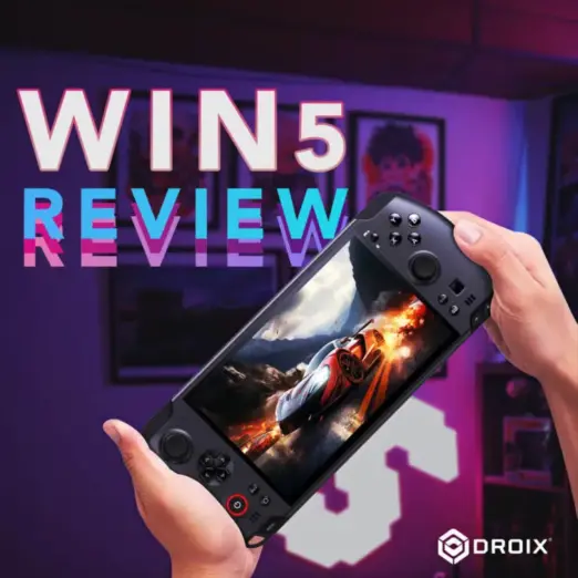 GPD-WIN-5-Review-11-768x768 A vibrant thumbnail image for a video review of the GPD WIN 5 handheld gaming console. A pair of hands is holding the black console, which is angled slightly toward the viewer. The screen displays an intense racing game scene with a glowing car. The background is a brightly lit room with purple and neon accents. Large white text with a pink and blue glitch-like effect overlaid on the left side reads "WIN 5 REVIEW." The DROIX logo is in the bottom right corner.