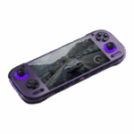 An angled shot of a transparent purple AYN Odin3 handheld gaming console against a dark background The screen displays a realistic racing game scene with a car on a mountain road The console features a black D pad and an analog stick on the left and black face buttons and an analog stick on the right Both analog sticks are illuminated with a glowing purple ring The transparent shell allows for a partial view of the internal components