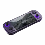 AYNODIN3CLEARPURPLELISTINGDONE01 DROIX Global An angled shot of a transparent purple AYN Odin3 handheld gaming console against a dark background The screen displays a realistic racing game scene with a car on a mountain road The console features a black D pad and an analog stick on the left and black face buttons and an analog stick on the right Both analog sticks are illuminated with a glowing purple ring The transparent shell allows for a partial view of the internal components