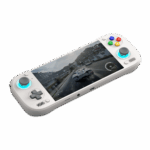 An angled shot of a white AYN Odin3 handheld gaming console against a dark green background The console features a D pad and analog stick on the left and face buttons with an analog stick on the right The face buttons are colored red yellow green and blue Both analog sticks are illuminated with a light blue glow The screen displays a realistic racing game on a snow covered road