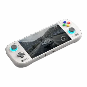 An angled shot of a white AYN Odin3 handheld gaming console against a dark green background. The console features a D-pad and analog stick on the left and face buttons with an analog stick on the right. The face buttons are colored red, yellow, green, and blue. Both analog sticks are illuminated with a light blue glow. The screen displays a realistic racing game on a snow-covered road.