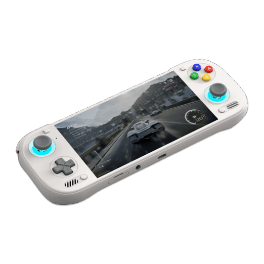 An angled shot of a white AYN Odin3 handheld gaming console against a dark green background The console features a D pad and analog stick on the left and face buttons with an analog stick on the right The face buttons are colored red yellow green and blue Both analog sticks are illuminated with a light blue glow The screen displays a realistic racing game on a snow covered road