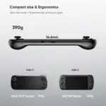 A technical diagram comparing the size and ergonomics of the AYN Odin 3 and Odin 2 handheld gaming consoles A side view of the black Odin 3 is shown at the top with its thickness labeled as 166mm Below a front view of the Odin 3 is placed next to a front view of the Odin 2 Both consoles are labeled with their dimensions and weights showing the Odin 3 is smaller and lighter at 390g compared to the Odin 2 at 420g