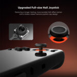 A close up promotional image of the Upgraded Full size Hall Joystick of the AYN Odin3 handheld gaming console The main focus is on a black joystick with a raised texture cap and a glowing orange base Two smaller inset images show a detailed exploded view of the Hall effect sensor and a close up of the joysticks textured cap
