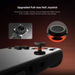 A close up promotional image of the Upgraded Full size Hall Joystick of the AYN Odin3 handheld gaming console The main focus is on a black joystick with a raised texture cap and a glowing orange base Two smaller inset images show a detailed exploded view of the Hall effect sensor and a close up of the joysticks textured cap