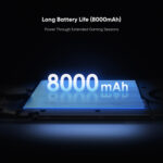 A promotional image for the AYN Odin3s battery life The text Long Battery Life 8000mAh Power Through Extended Gaming Sessions is at the top of a dark featureless background Below the text a large glowing blue rectangular battery graphic is shown with the number 8000 mAh prominently displayed on its surface