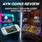 A promotional graphic for the AYN Odin 3 handheld gaming console featuring a split screen design that contrasts modern Native Android Gaming with High End Emulation The top of the image features the bold title AYN ODIN 3 REVIEW in white and cyan followed by the tagline ANDROID BEAST EMULATION LEGEND WHICH ODIN 3 ARE YOU Left Side Native Android Gaming Set against a modern neon lit gaming room a sleek white handheld console with red accented joysticks displays a high end 3D car racing game An Android logo icon sits above the device Right Side High End Emulation Set against a nostalgic retro background filled with old CRT televisions a transparent purple console displays Grand Theft Auto San Andreas A retro controller icon sits above the device A glowing vertical neon line in pink and cyan divides the two halves with small Power and Battery icons positioned along the center