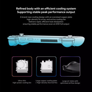 A promotional graphic for the KONKR Pocket Fit's cooling system. The top shows a stylized diagram of the device with a blue glow indicating cooling. The title "Refined body with an efficient cooling system Supporting stable peak performance output" is at the top. The bottom of the image shows three diagrams illustrating the key components: an "Ultra-thin high-power cooling fan," a "Large copper cooling plate," and "Large air inlets with optimized airflow design."