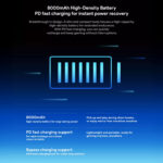 A promotional graphic for the KONKR Pocket Fits battery The image shows a stylized blue glowing battery icon on a blue gradient background The top text reads 8000mAh High Density Battery PD fast charging for instant power recovery The bottom of the image lists key features such as PD fast charging support and Bypass charging support