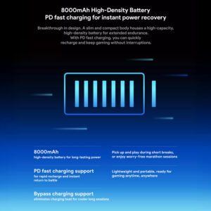 A promotional graphic for the KONKR Pocket Fit's battery. The image shows a stylized blue glowing battery icon on a blue gradient background. The top text reads "8000mAh High-Density Battery PD fast charging for instant power recovery". The bottom of the image lists key features such as "PD fast charging support" and "Bypass charging support."